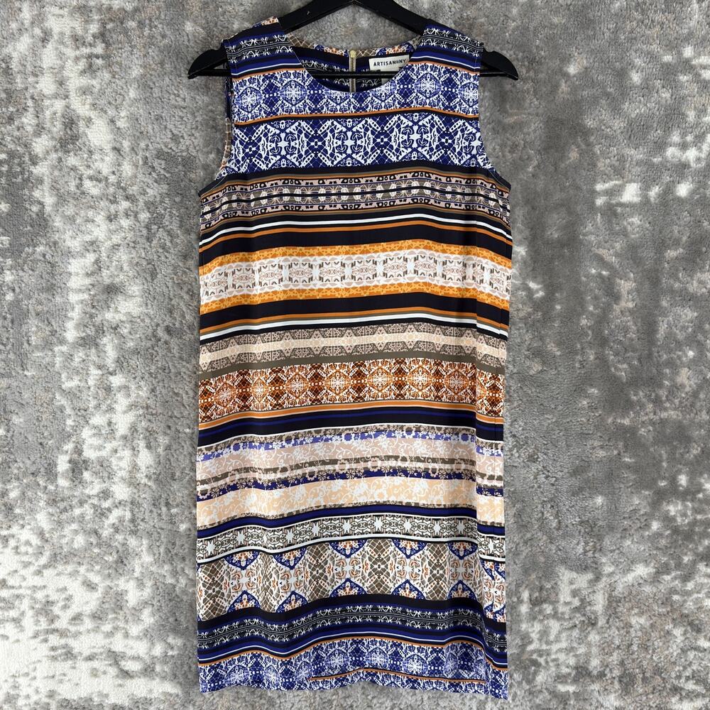Artisan NY Sz 2 Abstract Geometric Boho Mini Shift Dress Colorful Sleeveless Zip